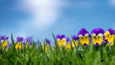 Purple pansies stand tall in a lush green field, basking in the sunlight on a clear spring day. The flowers create a vibrant scene against the sky.の素材