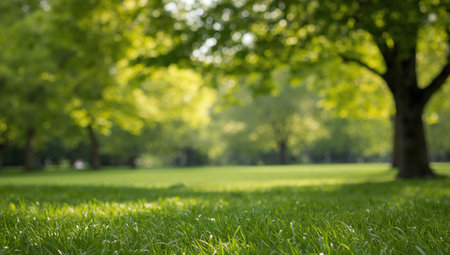 Sunlight filters through the leaves, casting a warm glow on the vibrant grass in a serene park, inviting visitors to enjoy nature and relax outdoors.の素材