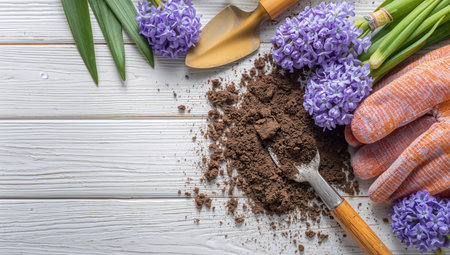 Colorful hyacinth flowers are arranged with gardening tools, gloves, and soil on a wooden surface. This scene captures the essence of spring gardening and planting.の素材