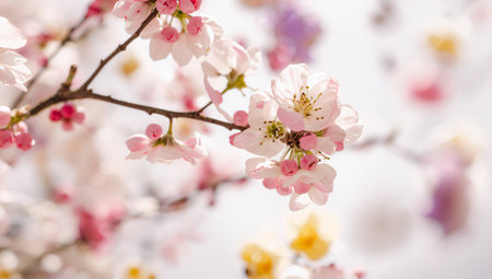 Delicate pink and white cherry blossoms are blooming on branches under a bright sky. The flowers create a serene atmosphere, signaling the arrival of spring.の素材