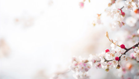 Delicate pink and white cherry blossoms are blooming on branches under a bright sky. The flowers create a serene atmosphere, signaling the arrival of spring.の素材