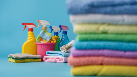 Various cleaning bottles and a pink bucket are arranged next to neatly folded towels on a blue background, showing essential supplies for effective home cleaning tasks.の素材