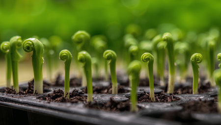 Young ferns are just beginning to open and grow in a greenhouse filled with sunlight. The soil is rich and dark, supporting the vibrant green plants.の素材