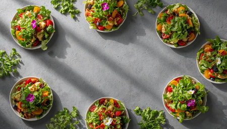 Bright salads filled with fresh greens, colorful fruits, and flowers are displayed on a gray table. Shadows add depth and highlight the vibrant ingredients in this healthy meal setting.の素材