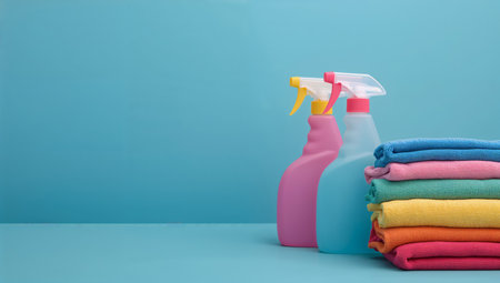 Various cleaning bottles and a pink bucket are arranged next to neatly folded towels on a blue background, showing essential supplies for effective home cleaning tasks.の素材