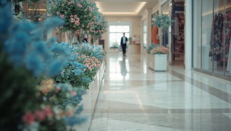 Colorful flowers adorn the sides of a polished hallway in a shopping mall, creating a vibrant atmosphere as a person walks in the background, enhancing the lively shopping experience.の素材