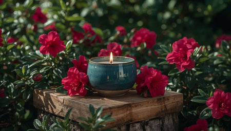 A rustic wooden stand displays a blue candle surrounded by bright red azaleas in a lush garden. The warm glow of the candle contrasts beautifully with the vivid flowers.の素材