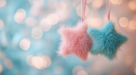 Two fluffy star ornaments in pink and blue hang together in front of a blurred background filled with soft pastel shades, creating a cheerful atmosphere suitable for the holidays.の素材