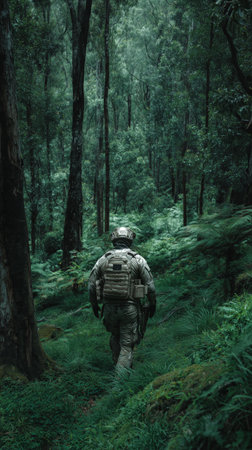 A soldier navigates through a lush green forest, surrounded by tall trees and dense underbrush. Bright sunlight filters through the leaves, illuminating the scene.の素材