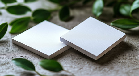 Two blank notepads rest on a textured surface, surrounded by lush green leaves. Soft natural light highlights their clean design, creating a fresh and calming atmosphere.の素材