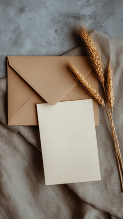 Soft, earthy tones show a beige envelope next to a blank card and dried wheat stalks on a textured background, perfect for invitations or notes.の素材
