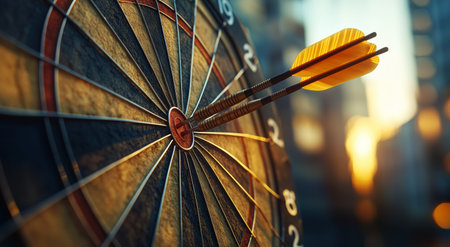 A dart strikes the bullseye of a dartboard against a warm sunset backdrop. The scene captures a blend of city life with a focus on precision and skill in a competition.の素材