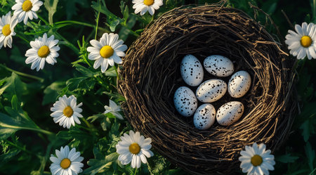A cozy nest sits on lush green grass, filled with speckled eggs. White daisies bloom around the nest, creating a bright, cheerful scene on a sunny day.の素材