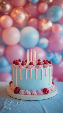A delightful blue cake decorated with pink frosting and fresh raspberries sits on a table. Colorful balloons in pink and blue create a festive atmosphere for a celebration.の素材