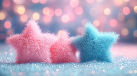Three fluffy stars in pink and blue rest on a sparkling surface, surrounded by a dreamy bokeh backdrop in soft pastel colors. The scene evokes a whimsical and cozy atmosphere.の素材