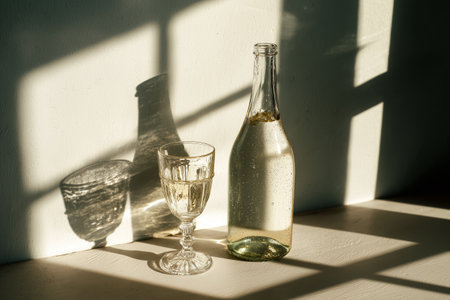 Soft sunlight filters through a window, casting shadows on a glass filled with a sparkling drink and a bottle beside it. The scene captures a peaceful moment.の素材