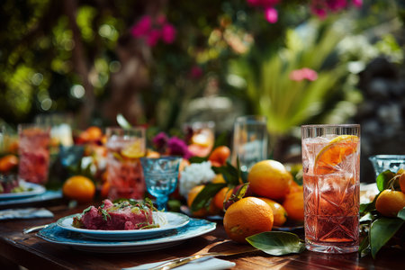 A beautiful summer brunch features an array of fresh fruits and colorful drinks on a rustic table surrounded by lush greenery. Guests enjoy a delightful time in a garden.の素材