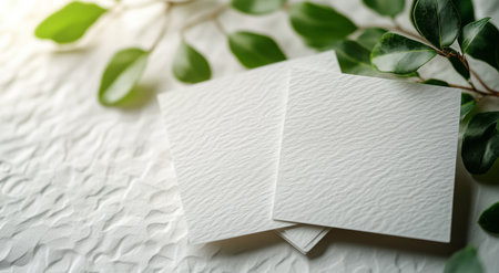 Two blank notepads rest on a textured surface, surrounded by lush green leaves. Soft natural light highlights their clean design, creating a fresh and calming atmosphere.の素材