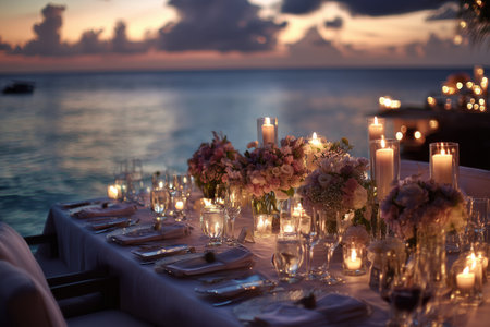 A beautiful outdoor dining setup features tables adorned with flowers and glowing candles. The sunset reflects on the ocean, creating a romantic atmosphere for guests.の素材
