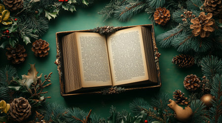 An open book lies on a green table, surrounded by pine branches, cones, and festive decorations, creating a cozy winter reading atmosphere.の素材