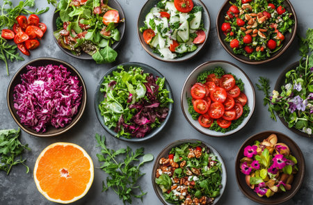A variety of fresh salads filled with greens, colorful fruits, and vibrant edible flowers is arranged neatly on a gray surface. Different bowls showcase healthy ingredients.の素材