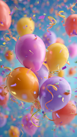 Balloons in various colors float joyfully as confetti swirls around, creating a lively atmosphere of celebration. This scene captures the essence of fun and joy during an event.の素材