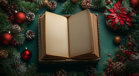An open book lies on a green table, surrounded by pine branches, cones, and festive decorations, creating a cozy winter reading atmosphere.の素材