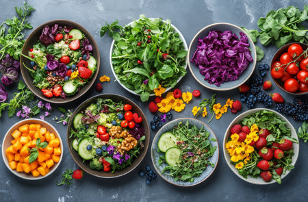 A variety of fresh salads filled with greens, colorful fruits, and vibrant edible flowers is arranged neatly on a gray surface. Different bowls showcase healthy ingredients.の素材