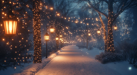 A snowy pathway is lined with glowing lanterns and twinkling lights, creating a magical winter scene in a quiet park during the evening.の素材