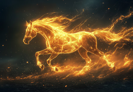A stunning horse with a fiery mane and body races forward, surrounded by swirling flames and sparks against a dark background, showing strength and power.の素材