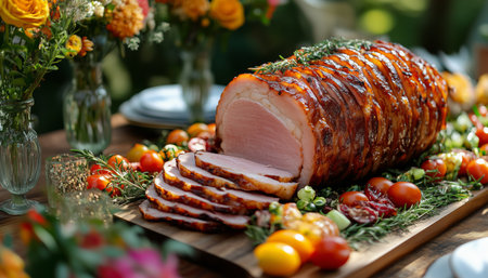 A beautifully roasted meat cut into slices displays rich flavors. Surrounded by fresh vegetables and floral arrangements, this dish enhances a joyful occasion.の素材