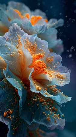 Underwater flowers bloom with vibrant colors and exquisite textures, surrounded by gentle water currents and a dark blue backdrop. The scene captures the beauty of marine life.の素材