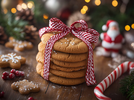 Delicious gingerbread cookies are stacked high with a red and white ribbon. Surrounding them are candy canes and festive decorations, creating a cozy holiday atmosphere.の素材