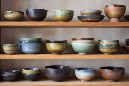Colorful ceramic bowls of various shapes and sizes sit elegantly on wooden shelves in a warm studio. Each bowl features distinct glazes and designs, showcasing craftsmanship.の素材