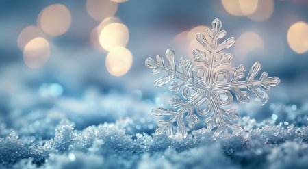 A delicate snowflake sits on a glistening icy surface. Soft, warm lights create a beautiful bokeh effect in the background, adding a magical winter atmosphere.の素材