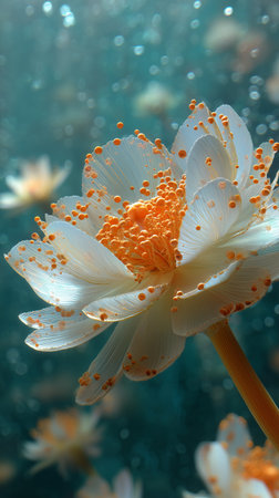 A stunning close view of a white flower with orange pollen, set against a tranquil underwater backdrop. The scene captures the delicate beauty and vibrant colors of nature.の素材