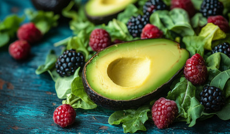 A vibrant display of sliced avocado, blackberries, and raspberries sits atop fresh leafy greens. This colorful plate showcases a healthy and appetizing meal option.の素材