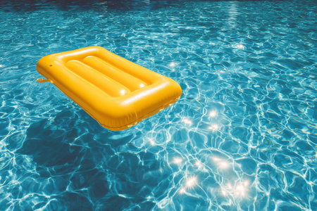 A bright yellow float rests on the surface of a sparkling blue pool, reflecting sunlight and creating a serene atmosphere. Perfect for a relaxing summer day.の素材