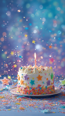 A vibrant birthday cake topped with a candle sits amidst a festive scene filled with stars and colorful confetti. The setting creates a joyful atmosphere perfect for celebrating.の素材