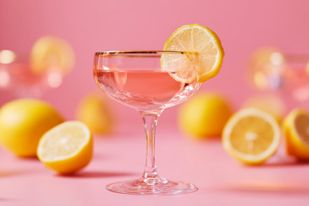 A glass of chilled lemonade sits on a pink surface, garnished with lemon slices. Fresh lemons surround the drink, adding vibrant color to the scene.の素材