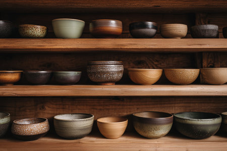 Colorful ceramic bowls of various shapes and sizes sit elegantly on wooden shelves in a warm studio. Each bowl features distinct glazes and designs, showcasing craftsmanship.の素材