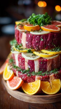 A vibrant gelatin dish showcases layers of meat and fresh citrus fruits. This eye-catching centerpiece is perfect for special events, evoking joy and celebration.の素材