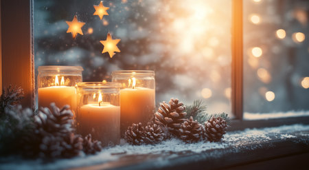 Soft candlelight flickers inside glass jars by a snowy window. Snow covers pinecones on the sill, while distant lights twinkle in the winter evening.の素材