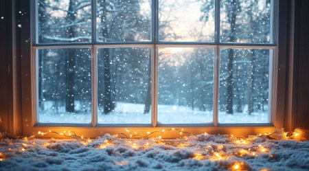 A warm sunset fills the sky beyond a cabin window. Snow covers the ground and trees, while festive lights create a cozy atmosphere inside. Peaceful winter scene invites tranquility.の素材