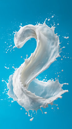 A dynamic scene shows milk splashing into the shape of the number two. The bright blue background enhances the contrast, emphasizing the movement and texture of the liquid.の素材