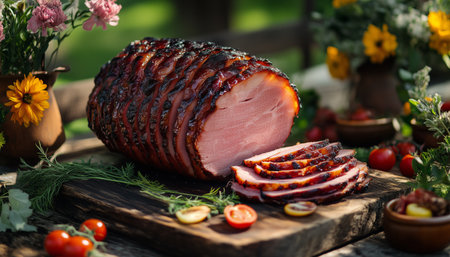 A beautifully glazed ham is festively sliced on a wooden board, surrounded by colorful flowers and fresh vegetables in a sunny garden setting.の素材