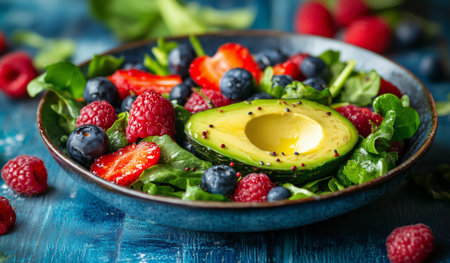 A vibrant display of sliced avocado, blackberries, and raspberries sits atop fresh leafy greens. This colorful plate showcases a healthy and appetizing meal option.の素材