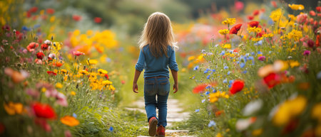 A young child with long hair strolls along a stone path in a colorful flower field. Bright blooms in various colors surround her as she enjoys a sunny day in spring.の素材