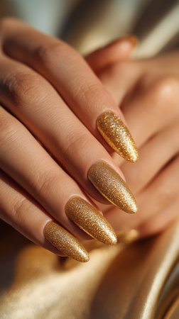 Hands display elegantly manicured nails with gold glitter polish. Soft lighting enhances the sparkling effect, creating a glamorous and stylish look.の素材