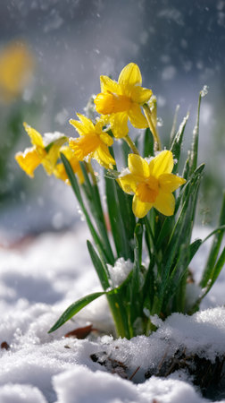 Bright yellow daffodils emerge from white snow, showing beauty and resilience in a sunny spring scene. Nature signals the arrival of warmer days and renewal.の素材